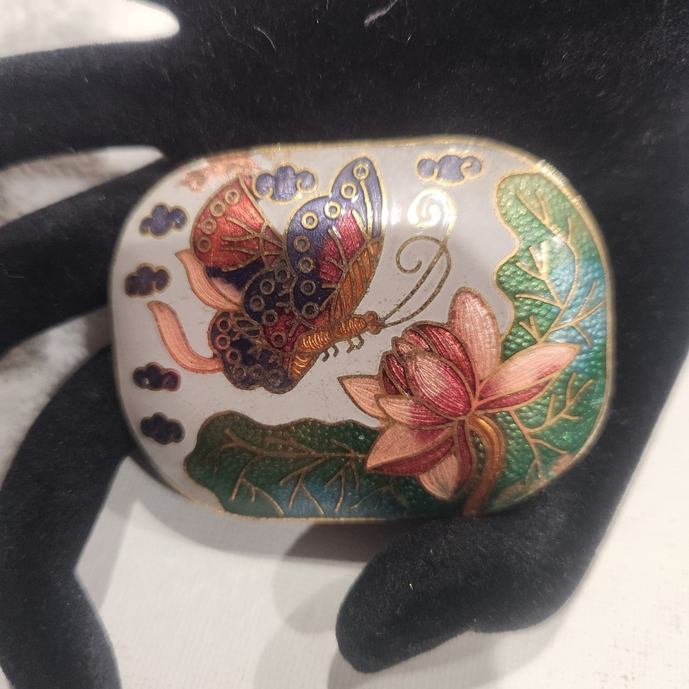 Vintage Cloisonne‎ Butterfly Lotus Scarf Clip Sash Slide Gold Tone Oval